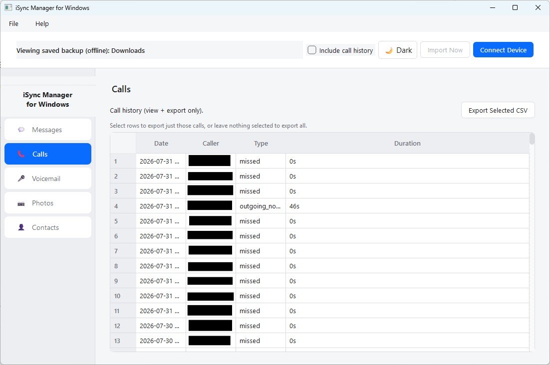 iSync Manager for Windows showing synced call history
