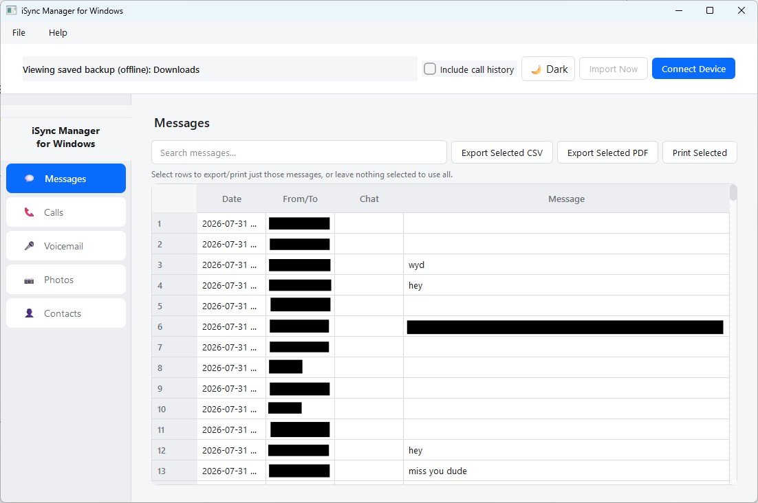 iSync Manager for Windows showing synced text messages
