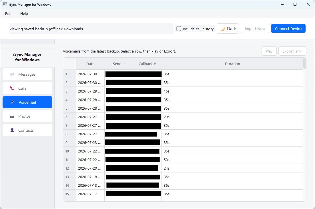 iSync Manager for Windows showing synced voicemails